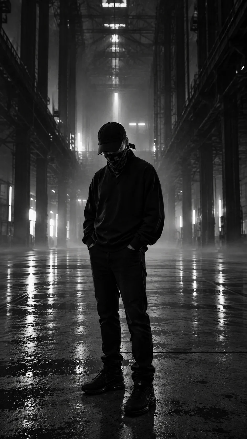 Rodketazo in black, wearing a beanie and bandana, inside a vast industrial hall with a wet floor.